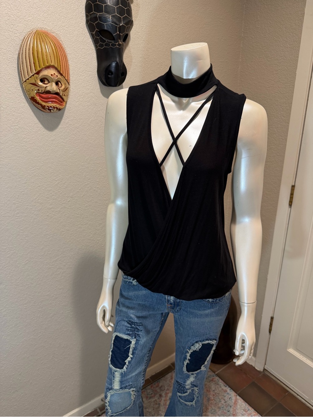 Sleeveless Black Surplice Choker Top with Strappy V-Neck